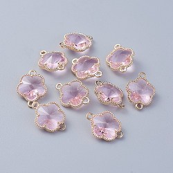 Glass Links connectors, with Eco-Friendly Alloy Open Back Berzel Findings, Flower, Light Gold, Pink, 15.5x12x5mm, Hole: 1.4mm(GLAA-A037-A-09KC)
