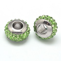 Rondelle 304 Stainless Steel Polymer Clay Rhinestone European Beads, with Double Side Platinum Color Core, Stainless Steel Color, Peridot, 10x6mm, Hole: 4mm(GPDL-P003-05)