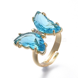 Adjustable Brass Glass Finger Rings, with Clear Cubic Zirconia, Butterfly, Golden, Sky Blue, Size 7, Inner Diameter: 17mm(RJEW-P148-A01-02)