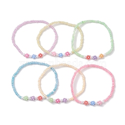6Pcs 6 Colors Flower Acrylic Stretch Bracelets, Glass Seed Beaded Stretch Bracelets for Women, Mixed Color, Inner Diameter: 2 inch(5cm), 1pc/color(BJEW-JB10235-01)