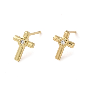 Rack Plating Brass Cross Stud Earrings, with Cubic Zirconia, Lead Free & Cadmium Free, Real 18K Gold Plated, 10x7mm