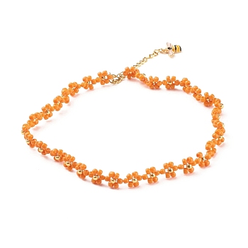 Glass Seed Beaded Flower Necklace with Alloy Enamel Bee Charm, Braided Jewelry for Women, Golden, Dark Orange, 12.60 inch(32cm)