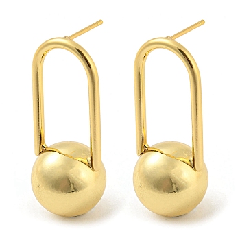 Oval with Ball Shape Rack Plating Brass Stud Earring, Long-Lasting Plated, Cadmium Free & Lead Free, Real 18K Gold Plated, 35x14mm