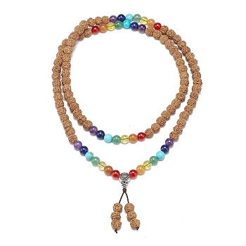 Natural Rudraksha Beaded Buddhist Necklace, Natural Mixed Gemstone & Alloy Gourd Double Loop Wrap Necklace for Women, Sienna, 35.43 inch(90cm)