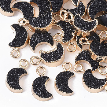 Druzy Resin Pendants, with Edge Light Gold Plated Iron Loops, Moon, Black, 14~15x8x4mm, Hole: 1.8mm