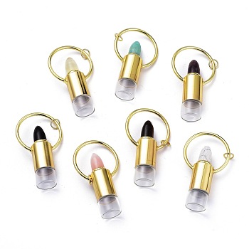 Lipstick Shape Natural Mixed Gemstone Perfume Bottle, with Glass Roller Ball, 304 Stainless Steel Findings and Jump Rings, Golden, 63.5~66x36~38x16mm, Hole: 6.3mm, Capacity: 2ml(0.06 fl. oz)