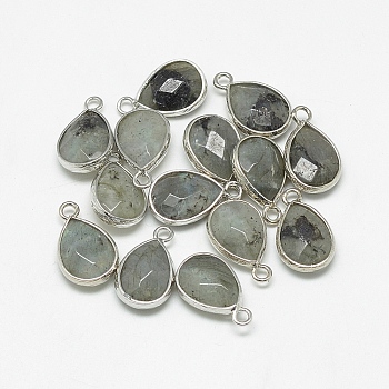 Natural Labradorite Pendants, with Platinum Tone Brass Findings, Faceted, teardrop, 22~24x14~15x5~6mm, Hole: 2mm