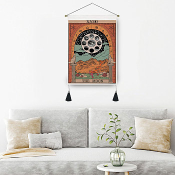 Tarot Pattern Polycotton Wall Hanging Tapestry, Vertical Tapestry, with Wood Rod & Iron Traceless Nail & Cord, for Home Decoration, Rectangle, The Moon XVIII, 500x350mm