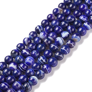 Natural Striped Agate/Banded Agate Beads Strands, Dyed & Heated, Round, Medium Blue, 12mm, Hole: 1.2mm, about 33pcs/strand, 14.96 inch(38cm)