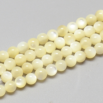 Natural Sea Shell Beads Strands, Round, Lemon Chiffon, 3~4mm, Hole: 1mm, about 113pcs/strand, 14.96 inch