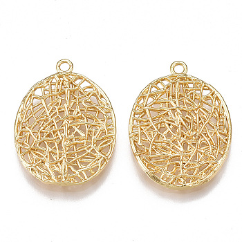 Brass Filigree Pendants, Oval, Real 18K Gold Plated, 24.5x18x2mm, Hole: 1.5mm