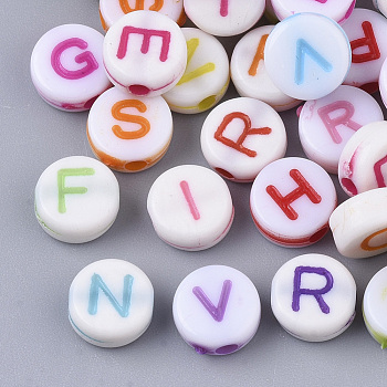Craft Style Acrylic Beads, Horizontal Hole, Flat Round with Random Initial Letter, Mixed Color, 7x3mm, Hole: 1.6mm, about 5000pcs/500g