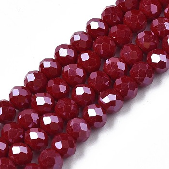Electroplate Glass Beads Strands, Pearl Luster Plated, Faceted, Rondelle, Dark Red, 10x8mm, Hole: 1mm, about 65~66pcs/strand, 20.8~21.2 inch(53~54cm)