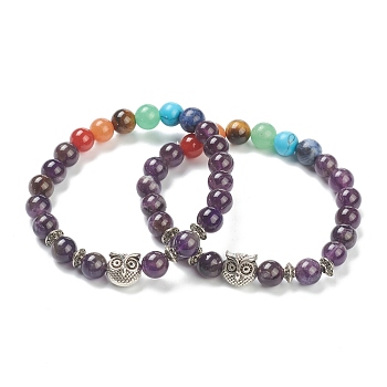 Chakra Jewelry, Round Natural Amethyst & Gemstone Stretch Beaded Bracelets, with Alloy Owl Beads, Antique Silver, Inner Diameter: 2-3/8 inch(6cm)