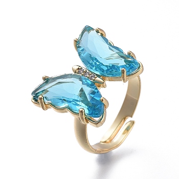 Adjustable Brass Glass Finger Rings, with Clear Cubic Zirconia, Butterfly, Golden, Sky Blue, Size 7, Inner Diameter: 17mm