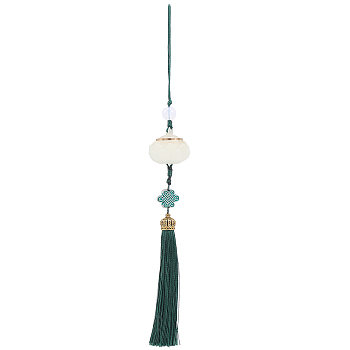 Resin Luminous Lotus Pendant Decorations, Chinese Knot Tassel Charm for Mobile Phone Car Bag Decoration, Dark Green, 230mm