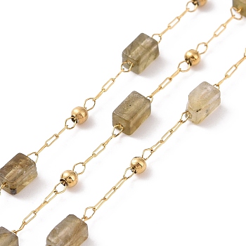Natural Labradorite Rectangle Beaded Chains, with Golden 304 Stainless Steel Findings, Unwelded, 4~4.5x2~2.5x2~2.5mm, about 3.28 Feet(1m)/Box