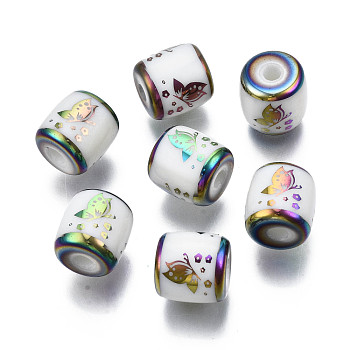Electroplate Glass Beads, Column with Butterfly Pattern, Colorful, 11.5x11.5mm, Hole: 2.5mm, about 100pcs/bag
