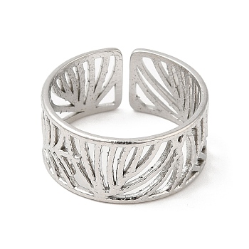 304 Stainless Steel Open Cuff Rings, Hollow Leaf, Thailand Sterling Silver Plated, Inner Diameter: 18mm