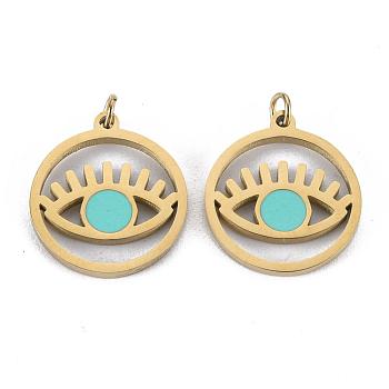 316 Surgical Stainless Steel Enamel Charms, with Jump Rings, Real 14K Gold Plated, Flat Round with Eye, Sky Blue, 12x12.5x1mm, Jump Ring: 2.7x0.4mm, 1.9mm inner diameter