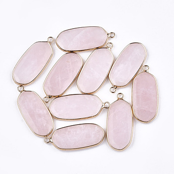 Natural Rose Quartz Pendants, with Brass Findings, Oval, Golden, 36~37x15~16x3~4mm, Hole: 2mm