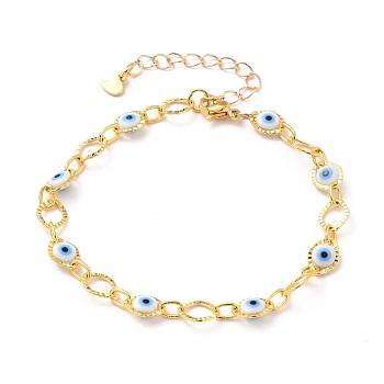 Brass Horse Eye Link Bracelets, with Evil Eye Plastic Beads and 304 Stainless Steel Lobster Claw Clasps, Golden, 7-1/4 inch(18.5cm)