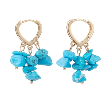 Synthetic Turquoise Chips Dangle Hoop Earrings, Brass Jewelry for Women, Golden, 35mm, Pin: 1mm