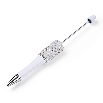 Beadable Pen, Plastic Ball-Point Pen, with Iron Rod & Rhinestone & ABS Imitation Pearl, for DIY Personalized Pen with Jewelry Beads, White, 150x15mm