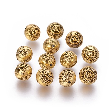Tibetan Style Alloy Beads, Lead Free & Nickel Free & Cadmium Free, Flat Round, Antique Golden, 10mm in diameter, 8mm thick, Hole: 1.5mm