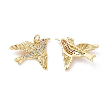 Brass Micro Pave Cubic Zirconia Pendants, Bird Charm, with Jump Ring, Real 18K Gold Plated, 20x23x4mm, Hole: 3mm