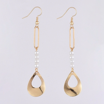 Dangle Earrings, with Glass Pearl Beads, Brass Pendants and Earring Hooks, Teardrop, Real 18K Gold Plated, 78mm, Pin: 0.7mm
