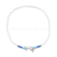 Tibetan Style Alloy Dolphin & Seed Beaded Stretch Anklet for Women, White, Inner Diameter: 2-1/2 inch(6.5cm)(AJEW-AN00558)