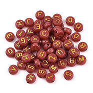 Plating Acrylic Beads, Golden Metal Enlaced, Horizontal Hole, Flat Round with Letter, Chocolate, 6.5~7x3.5~4mm, Hole: 1.6mm, about 3600g/500g(OACR-P017-A06)