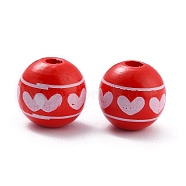 Painted Natural Wood Beads, Round with Heart Pattern, FireBrick, 16x15mm, Hole: 4.5mm(WOOD-A019-02)