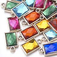 UV Plating Acrylic Pendants, with Acrylic Rhinestone, Faceted, Rectangle, Mixed Color, Light Gold, 21x13x5mm, Hole: 2mm(OACR-T005-86KC)