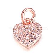 Brass Micro Pave Cubic Zirconia Charms, Heart, Rose Gold, 9x8x2mm, Hole: 3mm(ZIRC-P060-41RG)