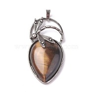 Natural Tiger Eye Pendants, with Brass Findings, teardrop, Antique Silver, 52~53x27x10~11mm, Hole: 8x5mm(G-I220-G05)