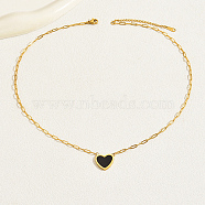 Natural Shell Heart Pendant Necklaces with Golden Stainless Steel Paperclip Chains, Black, 18.11 inch(46cm)(EU3732-1)