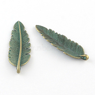 Zinc Alloy Leaf Pendants, Cadmium Free & Lead Free, Antique Bronze & Green Patina, 44x14x2mm, Hole: 2mm(X-PALLOY-R065-009-LF)