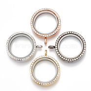 Alloy Magnetic Locket Pendants, with Rhinestone and Glass, Flat Round, Crystal, 37x30.5x7.5mm, Hole: 3.5mm, Inner diameter: 23mm(PALLOY-T052-23)