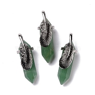 Natural Green Aventurine Pendants, with Antique Silver Tone Brass Findings, Cadmium Free & Lead Free, Double Terminal Pointed Bullet with Leaf, 44~47x14~15x14~15mm, Hole: 6.2x3.5mm(G-E059-04AS-02)