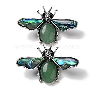 Tibetan Style Alloy Insect Brooches, with Natural Green Aventurine and Natural Paua Shell, Antique Silver, 36x56.5x13mm(JEWB-A021-03AS-07)