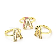 Mixed Color Enamel Initial Letter Adjustable Ring with Clear Cubic Zirconia, Real 18K Gold Plated Brass Jewelry for Women, Cadmium Free & Lead Free, Letter.A, US Size 5 1/4(16mm), Letter.A: 14x12mm(RJEW-P045-01G-A)
