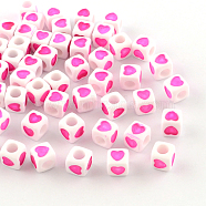 Opaque Acrylic European Beads, Large Hole Cube Beads, with Heart Pattern, Fuchsia, 7x7x7mm, Hole: 4mm(X-OPDL-S078-07)