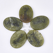 Natural Peridot Pendants, with Iron Findings, Oval with Word Peace, Platinum, 43~44x29~30x5~6mm, Hole: 2mm(G-S344-90C)