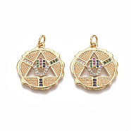 Brass Micro Pave Cubic Zirconia Pendants, with Jump Ring, Nickel Free, Flat Round with Hamsa Hand, Colorful, Real 18K Gold Plated, 22.5x20.5x2.5mm, Hole: 3mm(KK-R133-015G-NF)