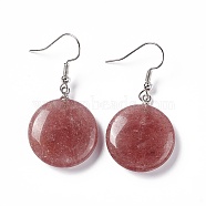 Natural Strawberry Quartz Flat Round Dangle Earrings, Platinum Brass Jewelry for Women, 42mm, Pin: 0.7mm(EJEW-D188-03P-05)