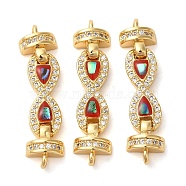 Rack Plating Brass Micro Pave Clear Cubic Zirconia Infinity Links Connector Charms, with Enamel & Shell, Real 18K Gold Plated, Long-Lasting Plated, Lead Free & Cadmium Free, FireBrick, 8x30x4mm, Hole: 1.2mm(KK-K385-103G-03)