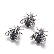 Natural Black Agate Brooches, with Brass Findings, Cicada, Antique Silver, 38x36x8mm, Pin: 0.6mm(G-A176-D01)