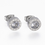 304 Stainless Steel Stud Earrings, with Cubic Zirconia, Flat Round Carved Roman Numberals, Stainless Steel Color, 8x3.5mm, Pin: 0.8mm(EJEW-H349-06P)